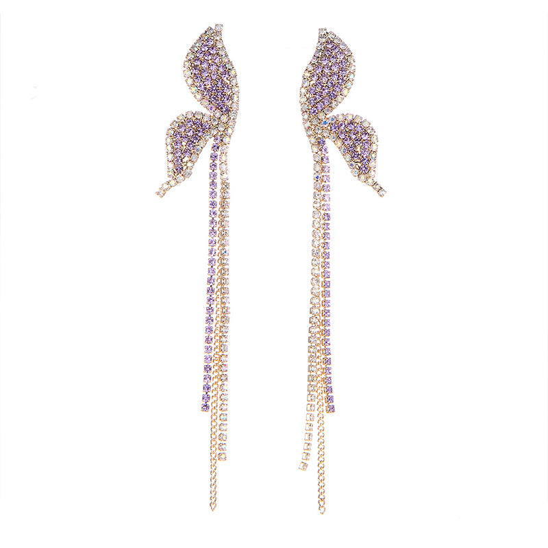 Pendientes de mariposa con borla larga de diamante púrpura premium al por mayor OLY-ES-SHY004
